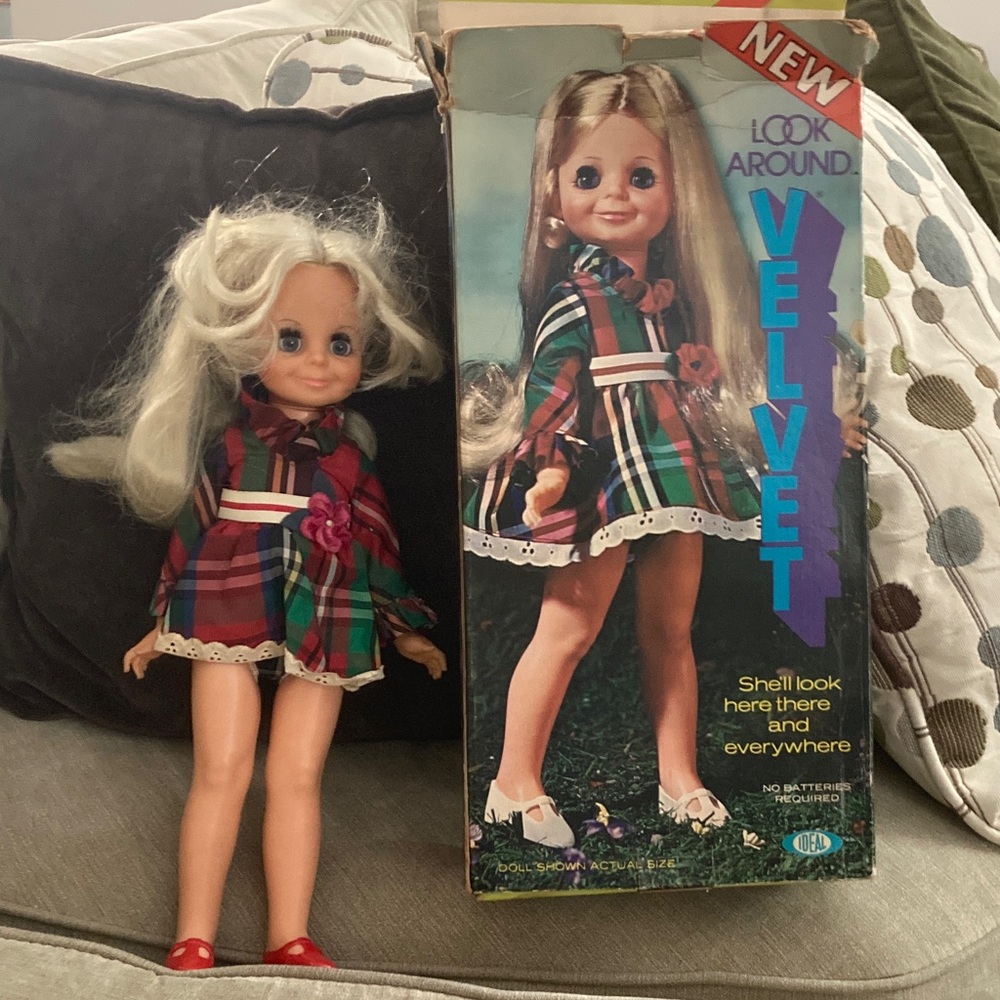 Velvet Look Around Doll with Plaid Dress vintage 1970s